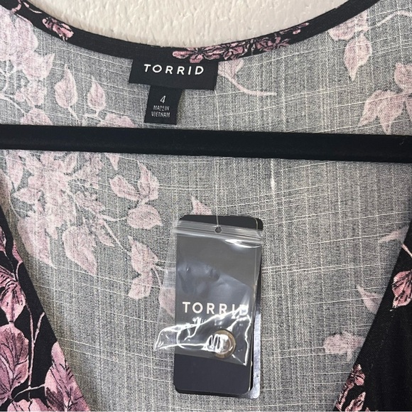 Torrid Dress Midi Rayon Slub Button Front Tie Black Pink Floral Plus Size 4X NEW - Picture 4 of 15